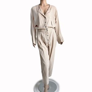 AC Gauze Jumpsuit Beige Cotton Crinkled Button Front Romper Size L Vintage 90s